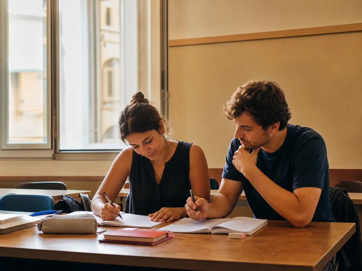 A man and a woman writing notes at a wooden table