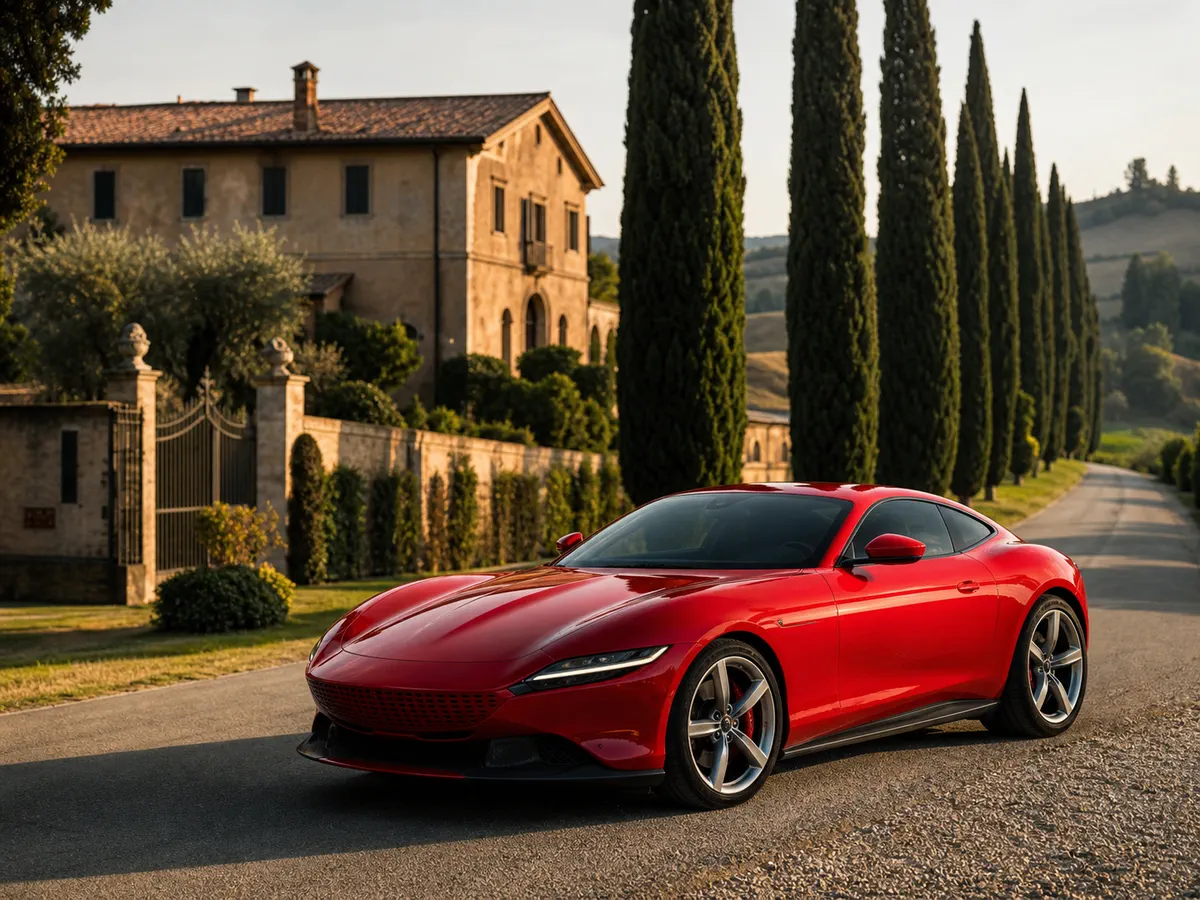 A red sports car parked in front of a stone building with cypress trees
